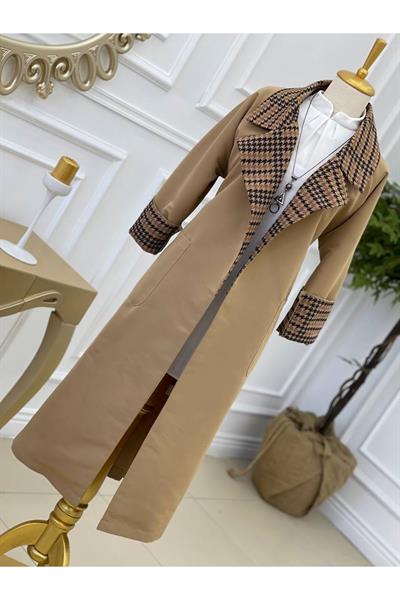 Kaz Ayağı Yaka Trenç Kot 5216-Camel