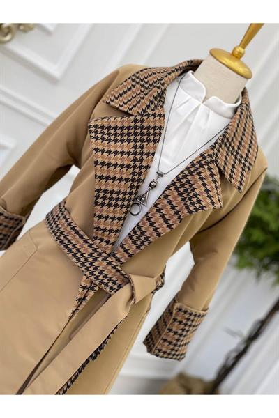 Kaz Ayağı Yaka Trenç Kot 5216-Camel