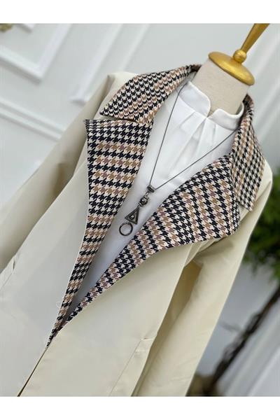 Kaz Ayağı Yaka Trenç Kot 5216-Ekru