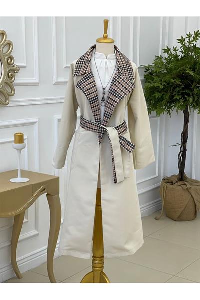 Kaz Ayağı Yaka Trenç Kot 5216-Ekru