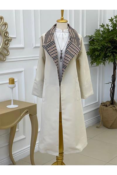 Kaz Ayağı Yaka Trenç Kot 5216-Ekru