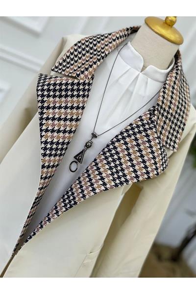 Kaz Ayağı Yaka Trenç Kot 5216-Ekru