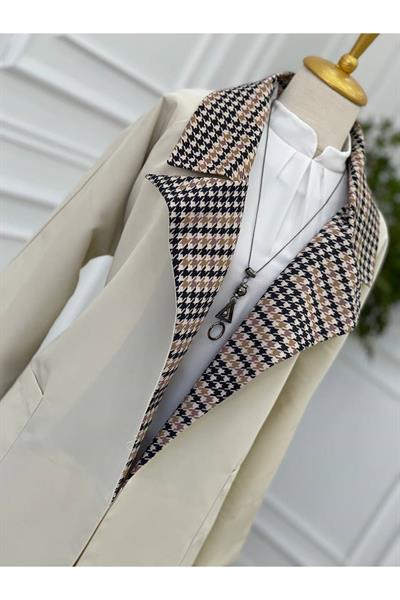 Kaz Ayağı Yaka Trenç Kot 5216-Ekru