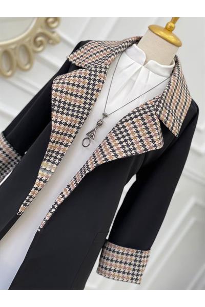 Kaz Ayağı Yaka Trenç Kot 5216-Siyah