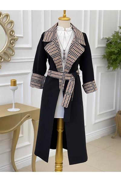 Kaz Ayağı Yaka Trenç Kot 5216-Siyah