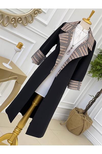 Kaz Ayağı Yaka Trenç Kot 5216-Siyah
