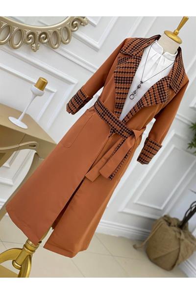 Kaz Ayağı Yaka Trenç Kot 5216-Taba