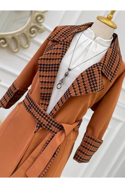 Kaz Ayağı Yaka Trenç Kot 5216-Taba