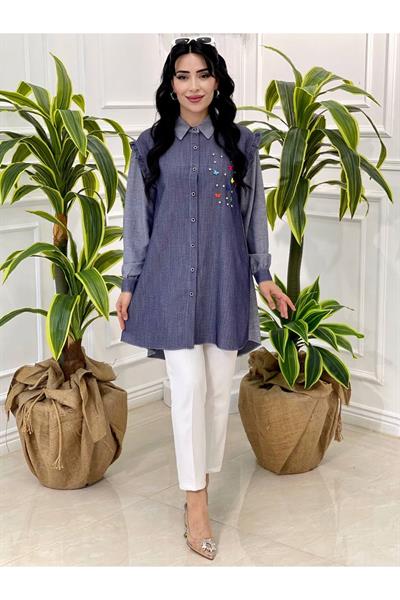 Kelebek Detay Keten Tunik 23055 Kot