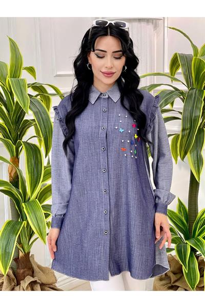 Kelebek Detay Keten Tunik 23055 Kot