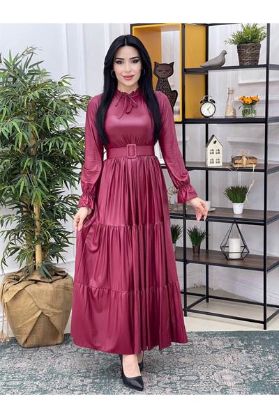 Kemerli  Deri Elbise 1096 Bordo