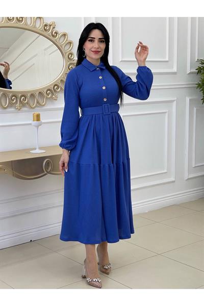 Kemerli Gofre Elbise 1241 Mavi