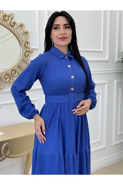 Kemerli Gofre Elbise 1241 Mavi