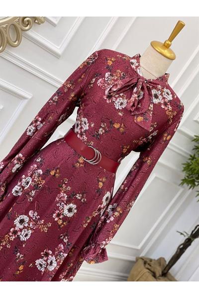 Kemerli Güpür Elbise 3587 Bordo