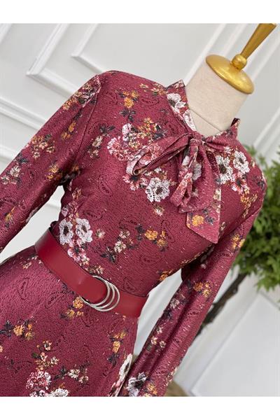 Kemerli Güpür Elbise 3587 Bordo
