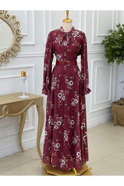 Kemerli Güpür Elbise 3587 Bordo