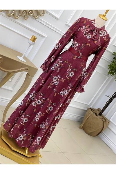 Kemerli Güpür Elbise 3587 Bordo