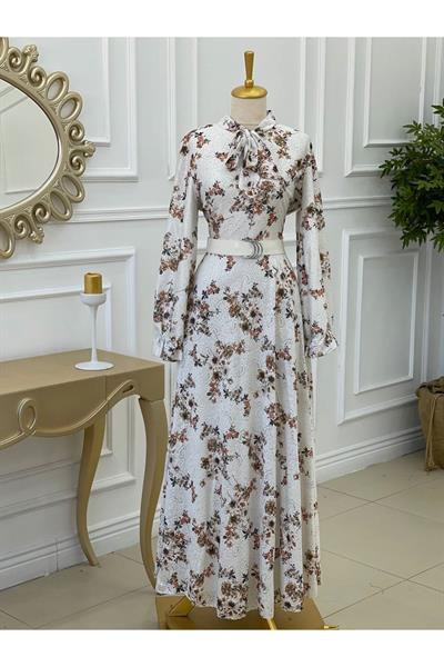 Kemerli Güpür Elbise 3587 Ekru Taba