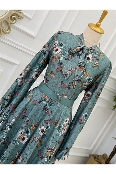 Kemerli Güpür Elbise 3587 Mint yeşili