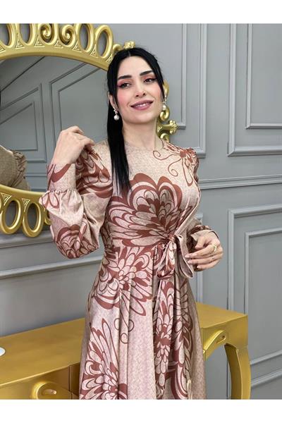 Kemerli Saten Elbise 3432 Bej
