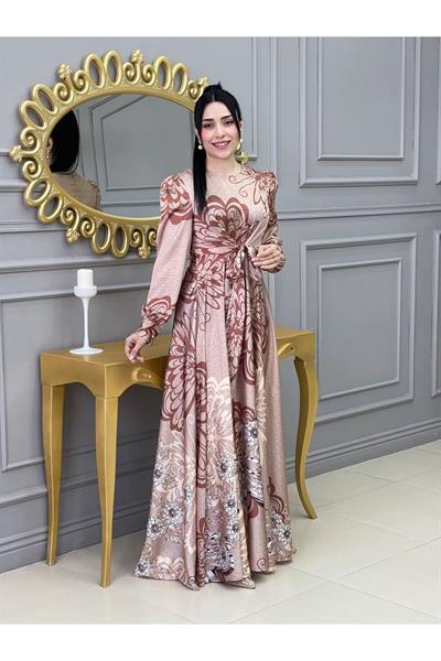 Kemerli Saten Elbise 3432 Bej