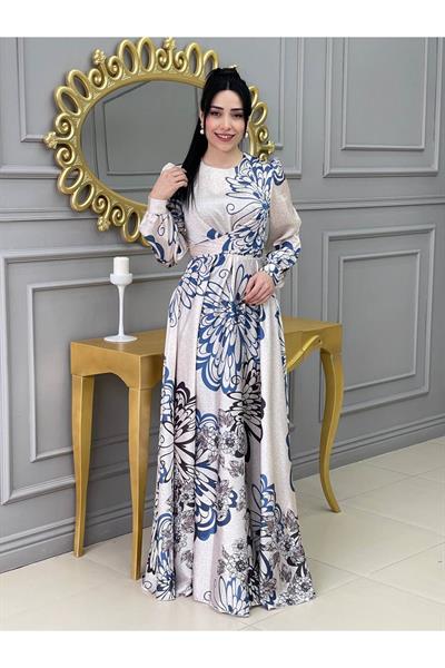 Kemerli Saten Elbise 3432 Ekru Mavi