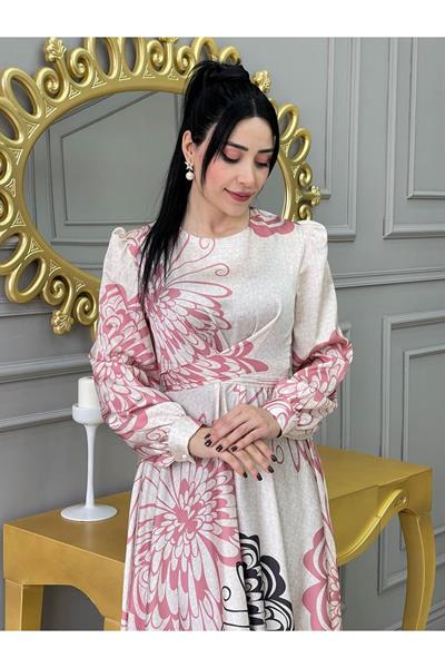 Kemerli Saten Elbise 3432 Ekru Pudra