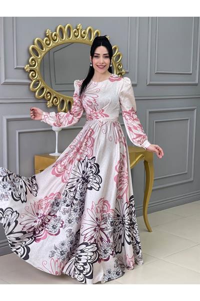 Kemerli Saten Elbise 3432 Ekru Pudra