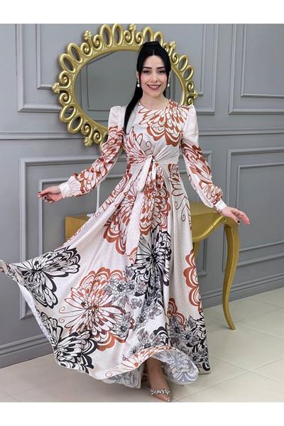 Kemerli Saten Elbise 3432 Ekru Taba