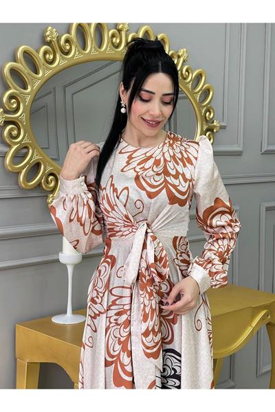 Kemerli Saten Elbise 3432 Ekru Taba