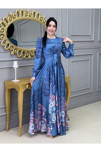 Kemerli Saten Elbise 3432 Mavi