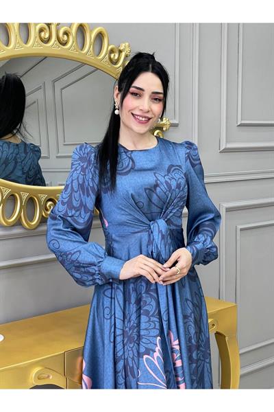 Kemerli Saten Elbise 3432 Mavi
