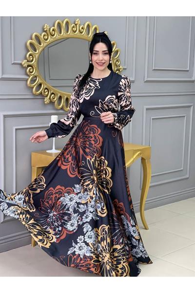 Kemerli Saten Elbise 3432 Siyah Bej