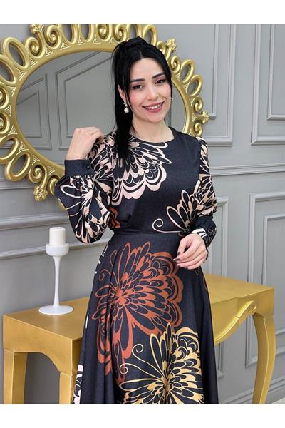 Kemerli Saten Elbise 3432 Siyah Bej