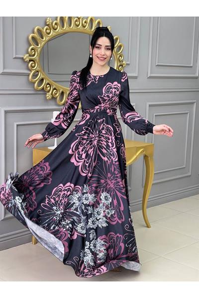 Kemerli Saten Elbise 3432 Siyah Rose