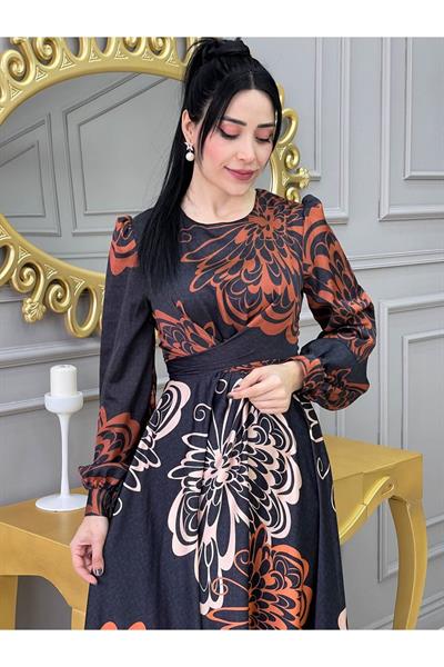 Kemerli Saten Elbise 3432 Siyah Taba