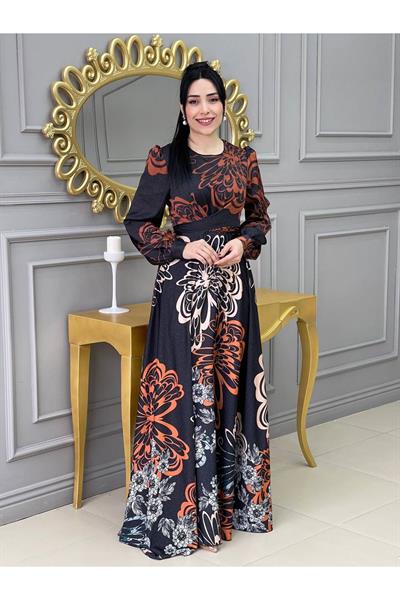 Kemerli Saten Elbise 3432 Siyah Taba