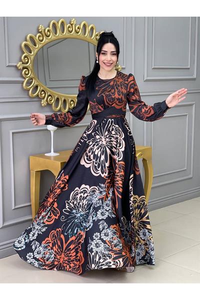 Kemerli Saten Elbise 3432 Siyah Taba