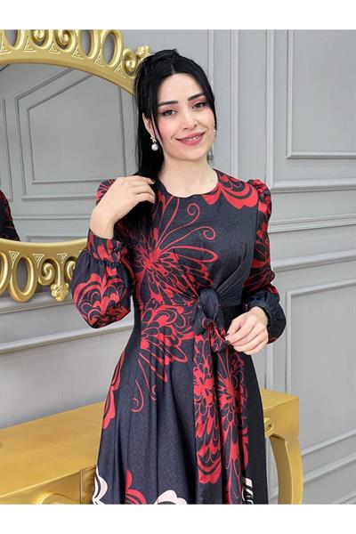 Kemerli Saten Elbise 3432 Siyan Kırmızı