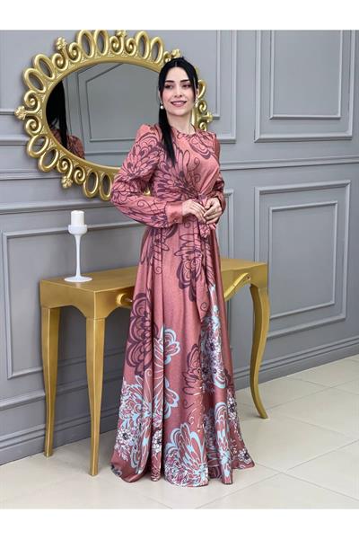 Kemerli Saten Elbise 3432 Taba