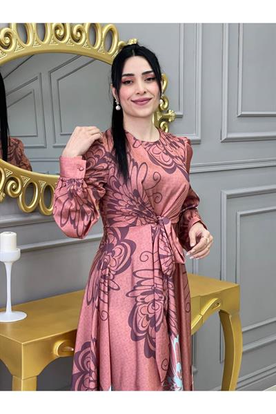Kemerli Saten Elbise 3432 Taba