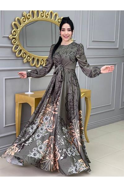 Kemerli Saten Elbise 3432 Yeşil
