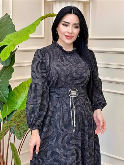 Kendinden Desenli Örme Elbise 1750 t-24 Siyah