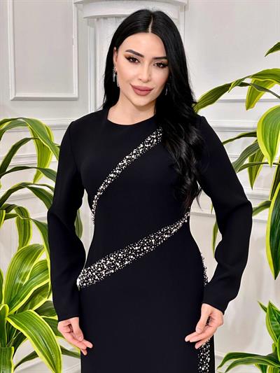 Kesit İnci İşleme Krep Elbise 2092 Tk-24 Siyah