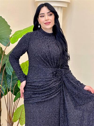 Kesme Boncuk Belden Büzme Abiye 5145 T-25 Siyah