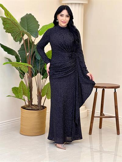 Kesme Boncuk Belden Büzme Abiye 5145 T-25 Siyah