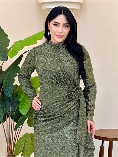 Kesme Boncuk Belden Büzme Abiye 5145 T-25 Haki
