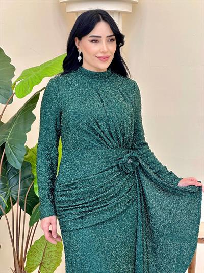 Kesme Boncuk Belden Büzme Abiye 5145 T-25 Yeşil