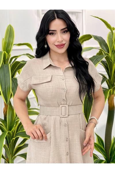 Kısa Kol Gömlek Elbise 5153 Bej