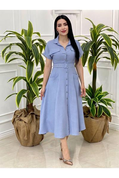 Kısa Kol Gömlek Elbise 5153-Mavi